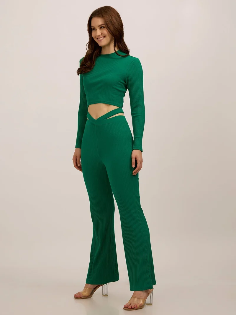 Outzidr  Green Fitted Rib Top with Fit & Flare Pants for Women | Best Price UAE